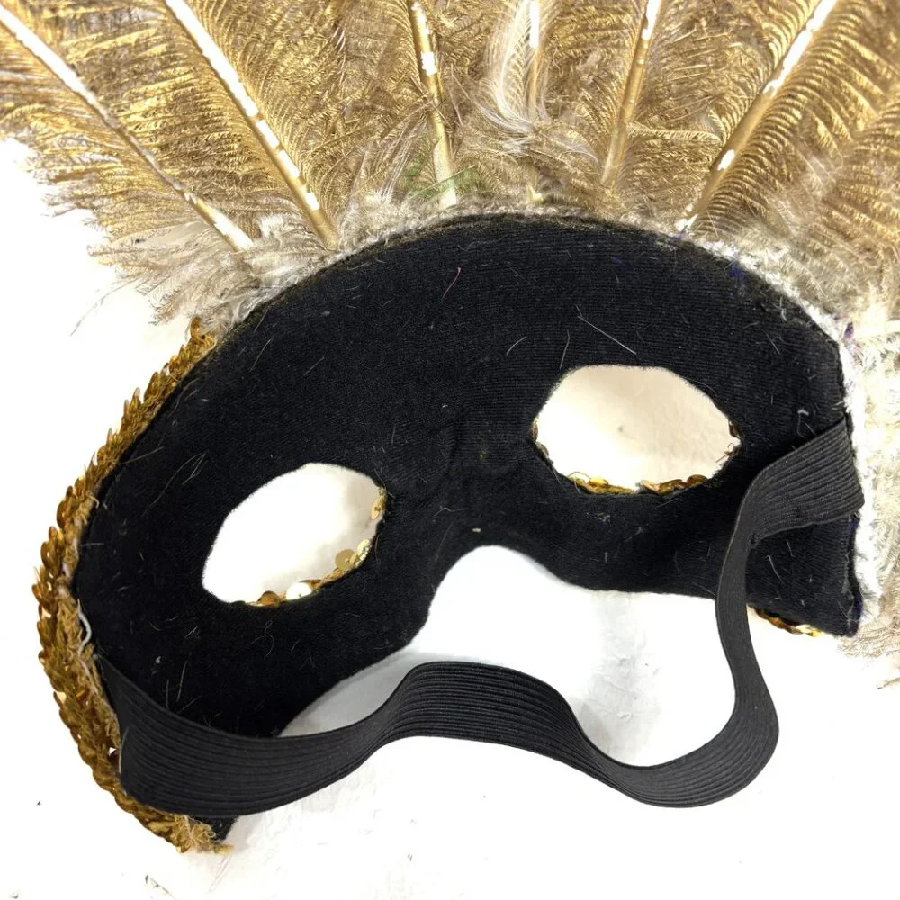Showgirl Carnival Feather Gold White Mask Headdress Deluxe Vintage